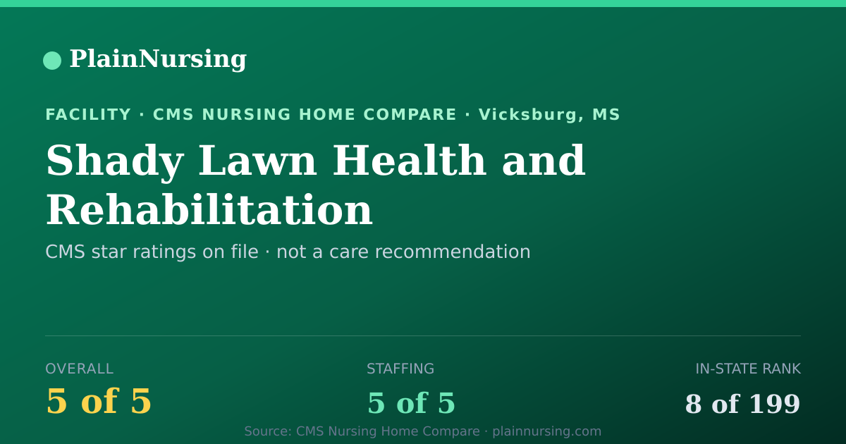 Shareable CMS card for Shady Lawn Health and Rehabilitation: 5-star CMS nursing home in Vicksburg, MS