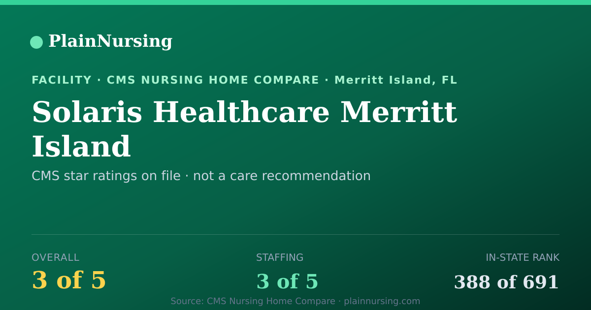Shareable CMS card for Solaris Healthcare Merritt Island: 3-star CMS nursing home in Merritt Island, FL