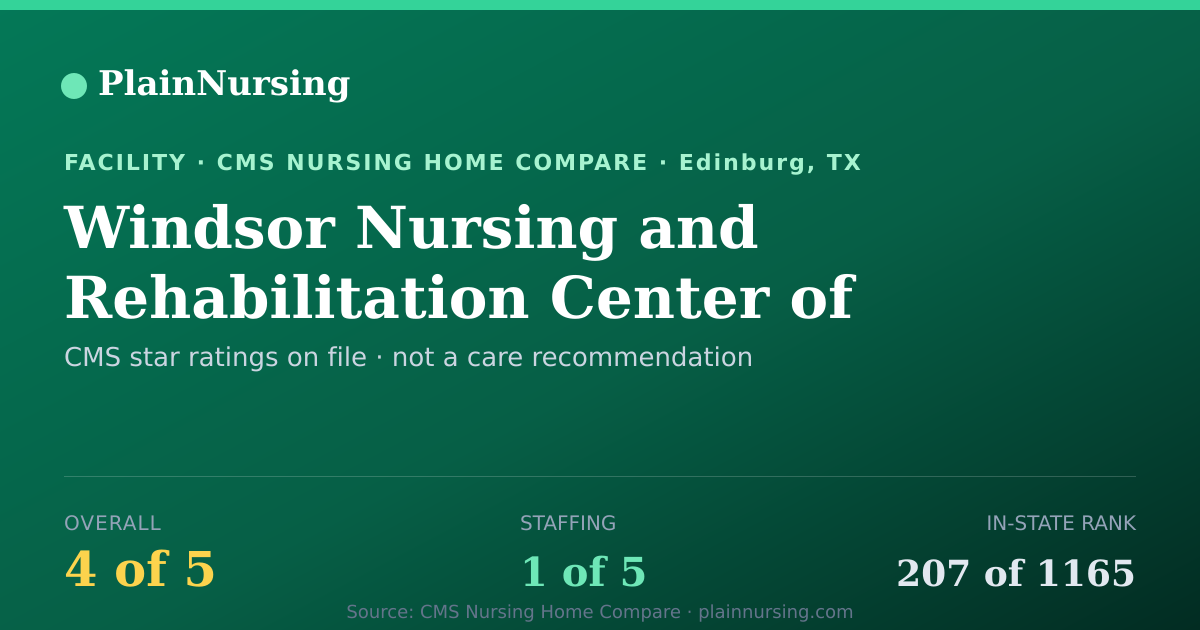 Shareable CMS card for Windsor Nursing and Rehabilitation Center of Edinb: 4-star CMS nursing home in Edinburg, TX